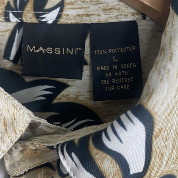 Massini Mens Large Floral Button Up Shirt Short Sleeve Hawaiian Tan Cream - Picture 7 of 7